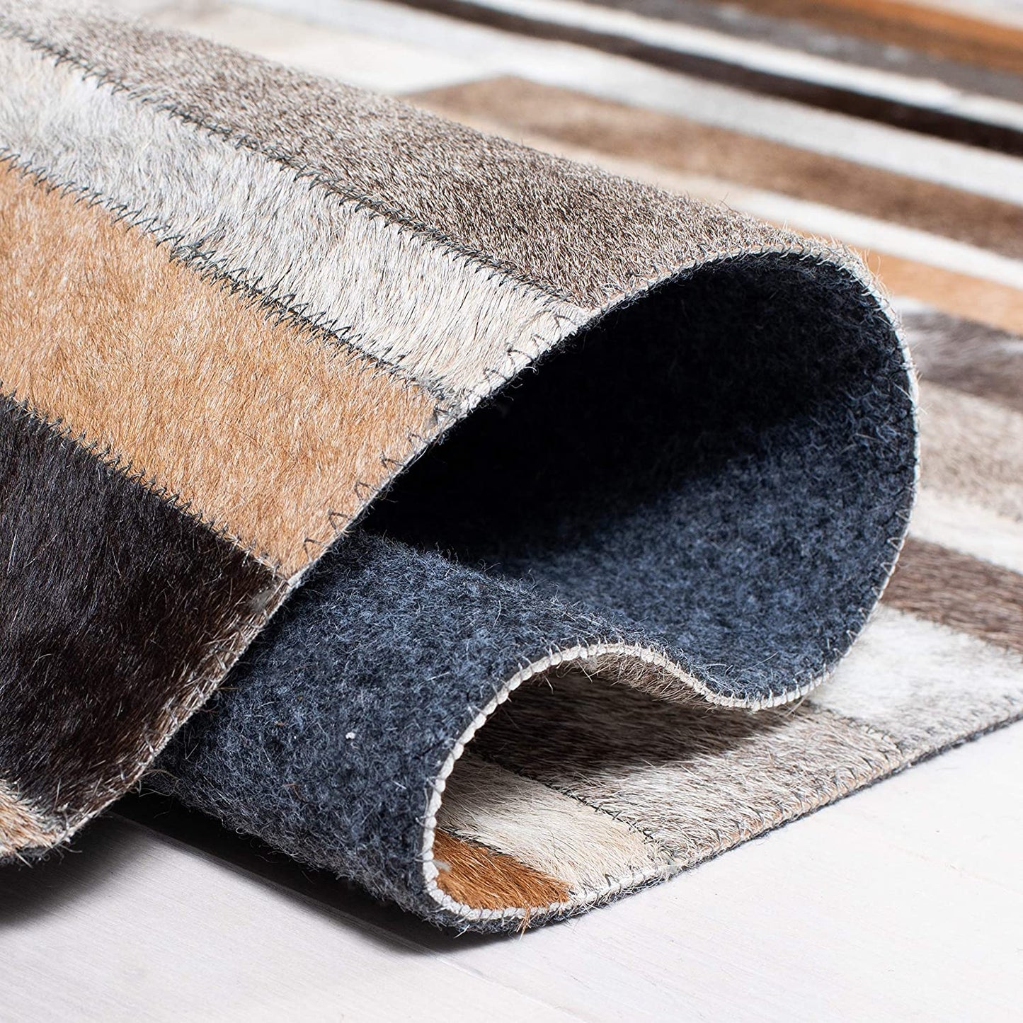 Leather Collection STL215A Handmade Modern Leather Area Rug Ivory / Brown