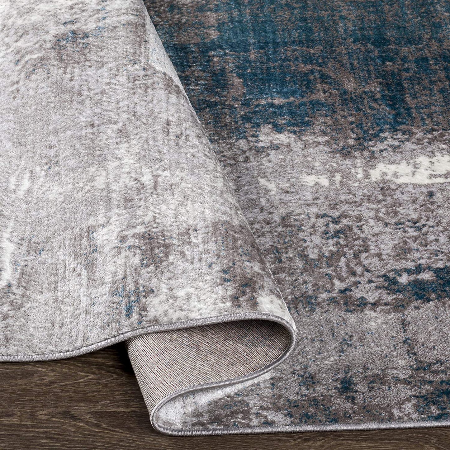 Modern Abstract Soft Area Rug, Teal/Silver