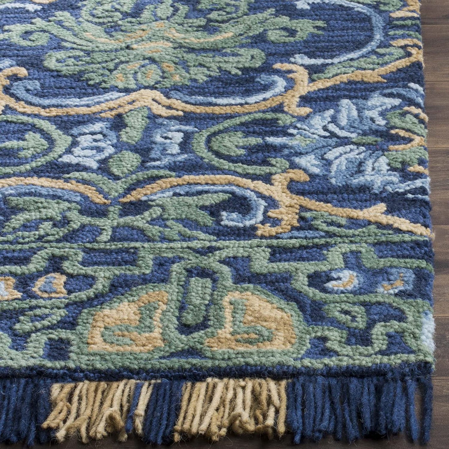 Handmade Fringe Premium Wool Area Rug, Navy / Green