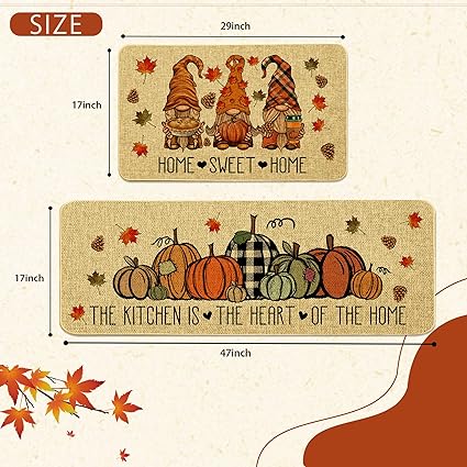 2 Piece Pumpkin Kitchen Mats Set The Kitchen is The Heart of The Home Non-Slip Rugs Home Sweet Home Decoration Doormat (17" x 29" + 17" x 47")