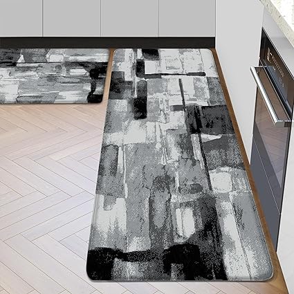 Set 2 Pieces Abstract Modern Art Cushioned Anti-Fatigue Waterproof Non Slip Comfort Heavy Duty Standing Kitchen Rug, 17"x47"+17"x28"