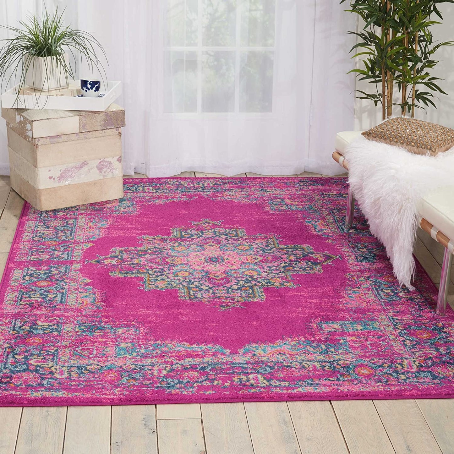 Medallion Distressed Blue Magenta Soft Area Rug