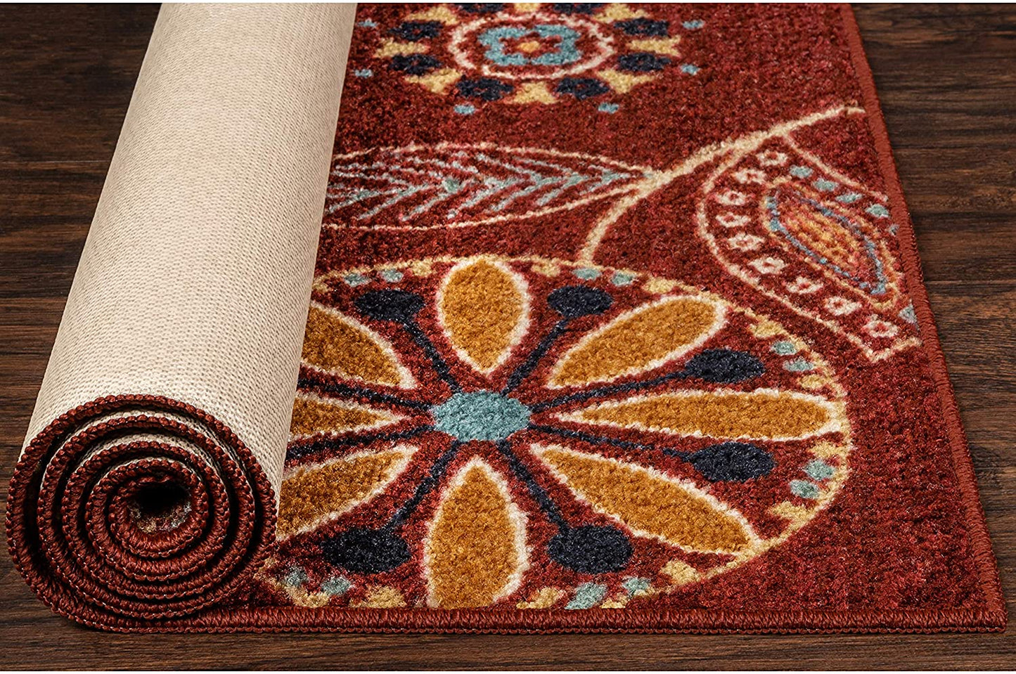 Maples Floral Non Skid Washable Merlot Multi Area Rug