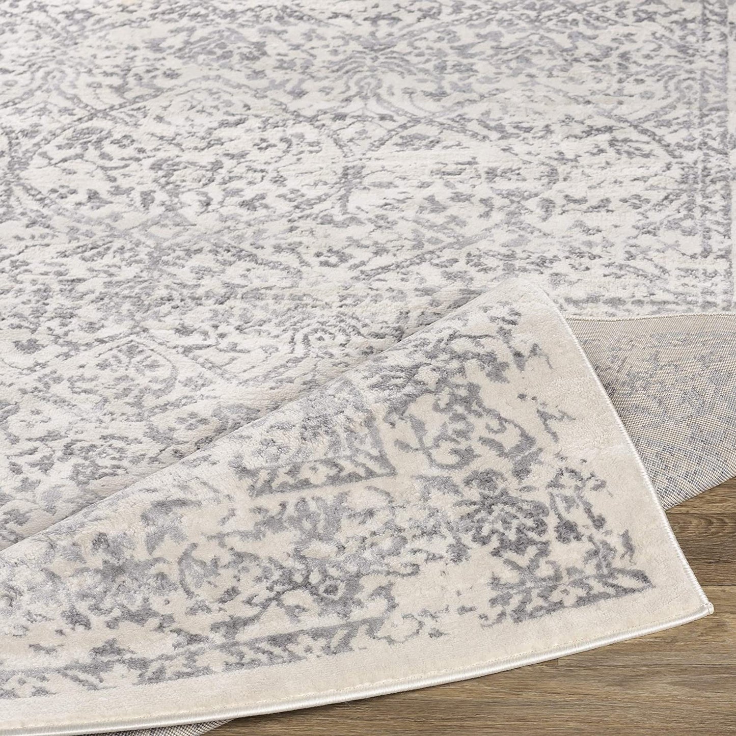 Preston Damask Floral Soft Area Rug, Ivory Grey