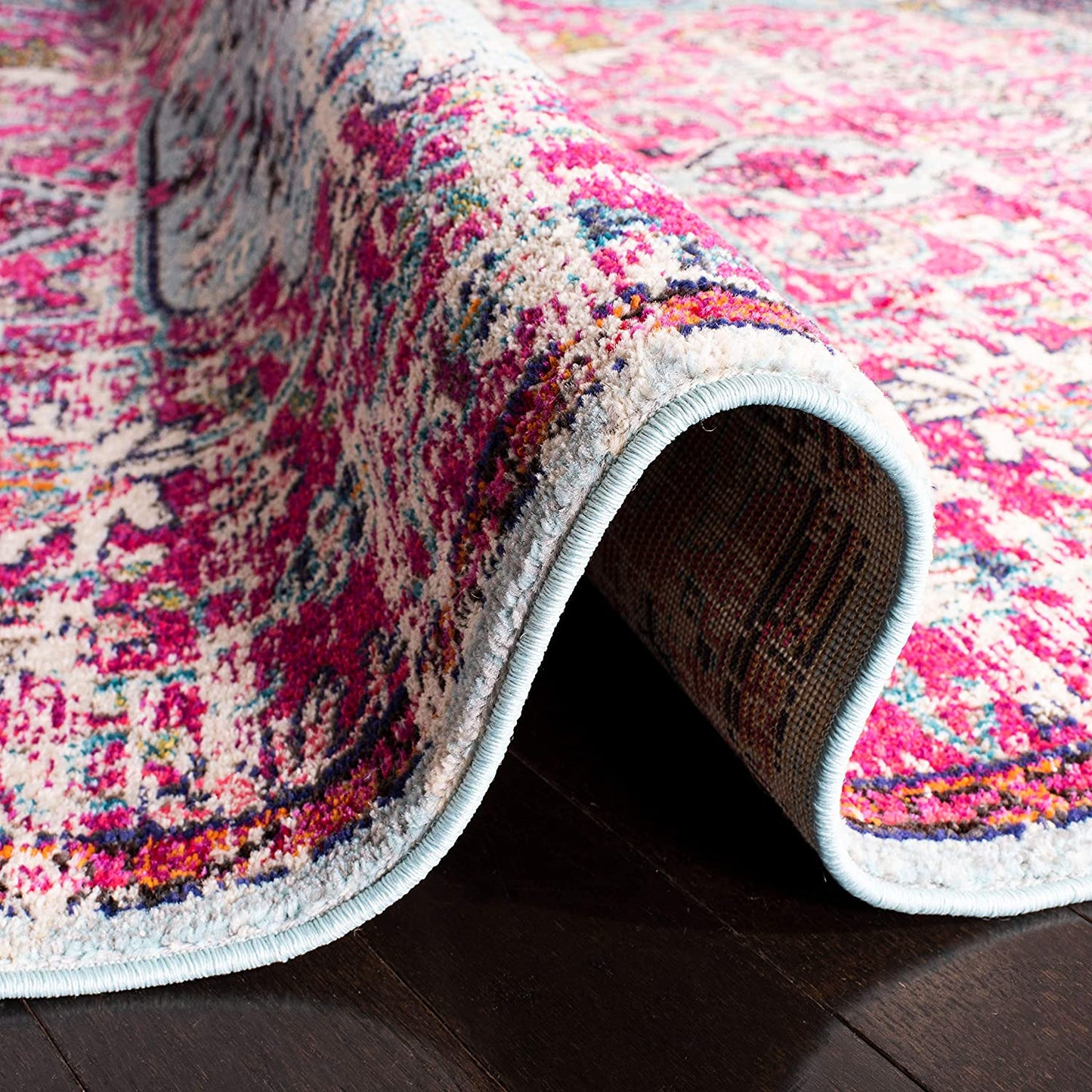 Boho Chic Vintage Medallion Distressed Runner,  Fuchsia/Teal