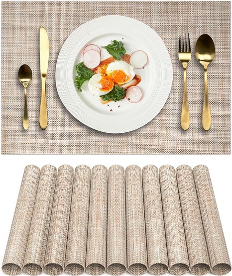 Set of 8 Heat-Resistant Non-Slip Washable Indoor/Outdoor Woven Vinyl Placemats for Kitchen Dining Table (12x18 Inches, Coffee-Colored)