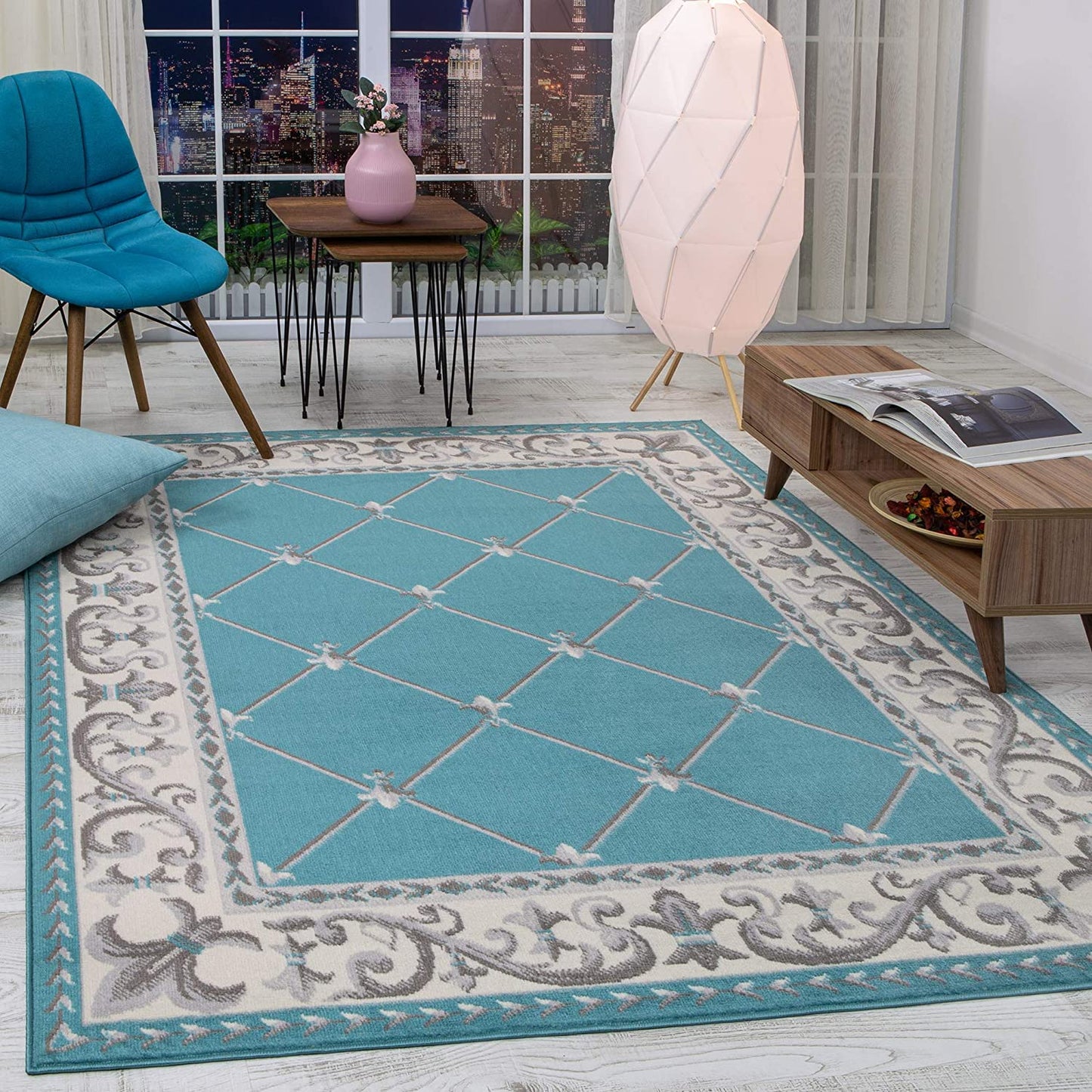 Kashan King Collection Checkered Area Rug Blue and Beige