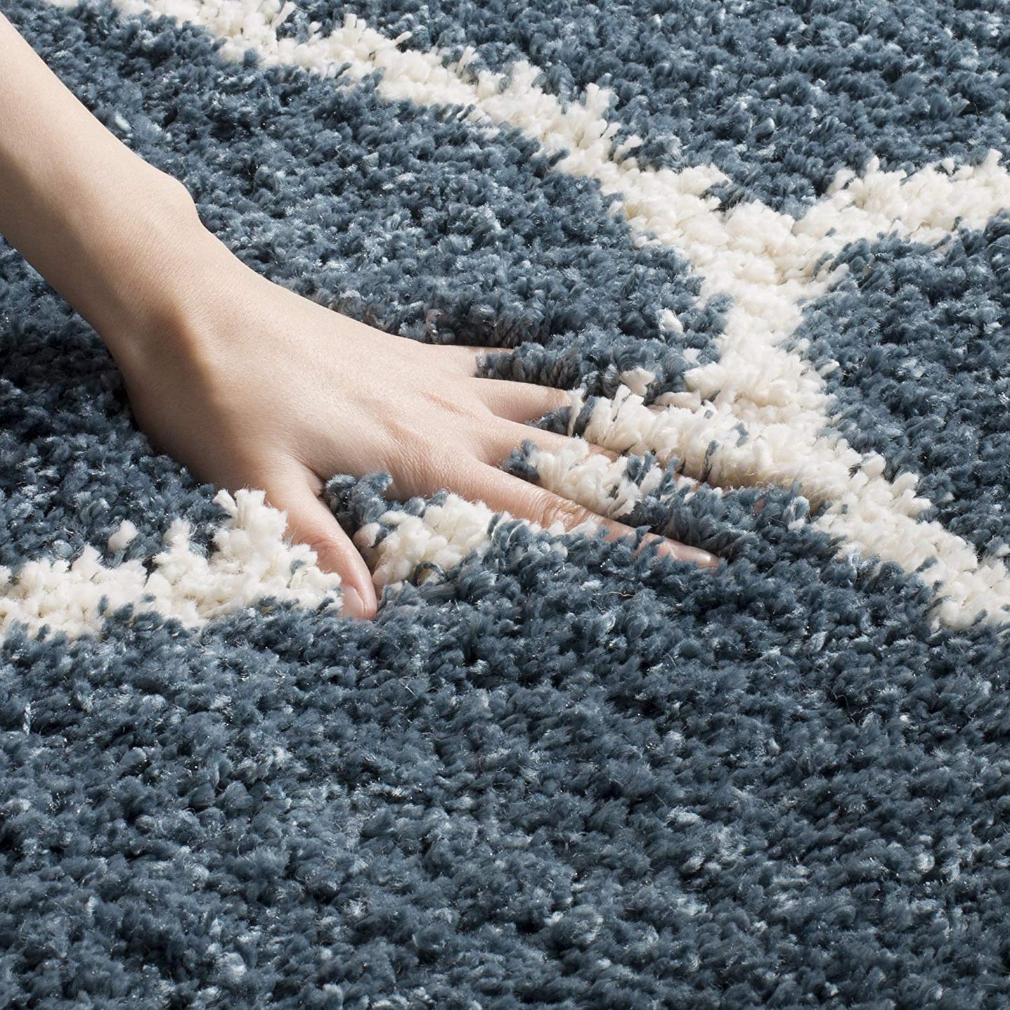 Moroccan Pattern Slate Blue Ivory Plush Shag Area Rug