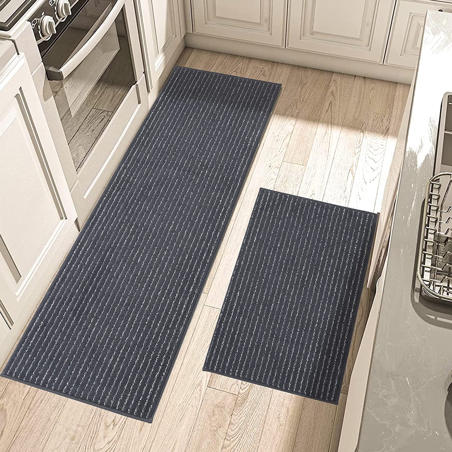 Set of 2 Grey Kitchen Rugs and Mats with TPR Backing 100% - 20x30inch/20x48inch