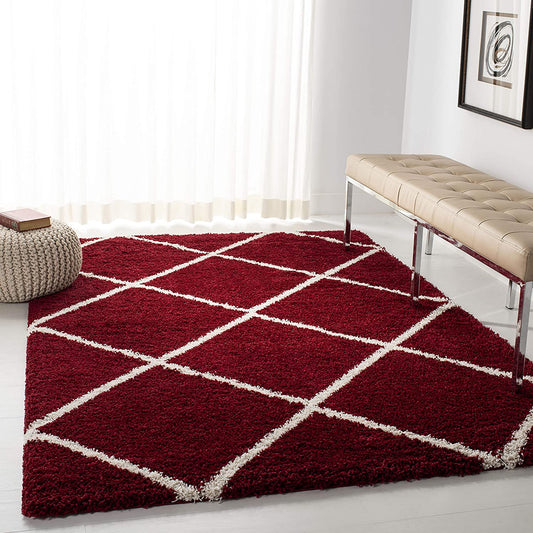 Diamond Trellis Red/Ivory Soft Plush Shag Area Rug 2-inch Thick