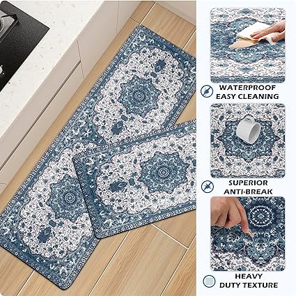 Set 2 Pieces,0.4 Inches Thick Non Slip Kitchen Rugs and Mats Teal Wood Cushioned Anti Fatigue Floor Mat Waterproof Comfort Standing Runner Sink Rug,17.3 x 28+17.3 x 47 Inch