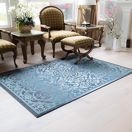Pelham 2-Piece Non Slip Machine Washable Traditional Vintage Throw and Runner Floor Carpet, 17"x24" + 17"x48", Blue/Grey