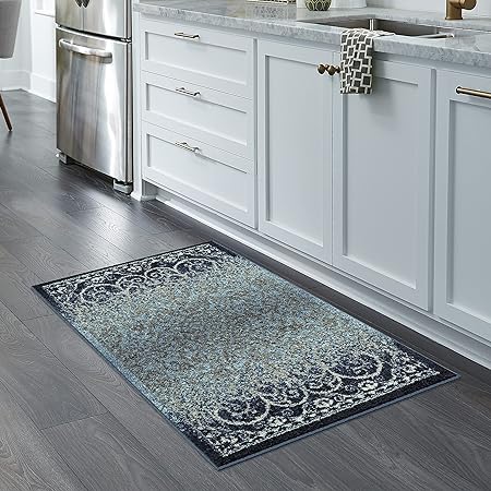 Pelham 2-Piece Non Slip Machine Washable Traditional Vintage Throw and Runner Floor Carpet, 17"x24" + 17"x48", Blue/Grey