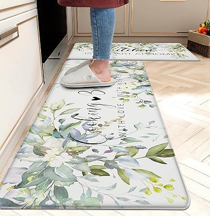 Kitchen Rug Anti Fatigue Mats Sage Green Floral Herb Memory Foam Cushioned Set