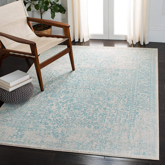 Oriental Shabby Chic Vintage Distressed Area Rug Ivory/Aqua