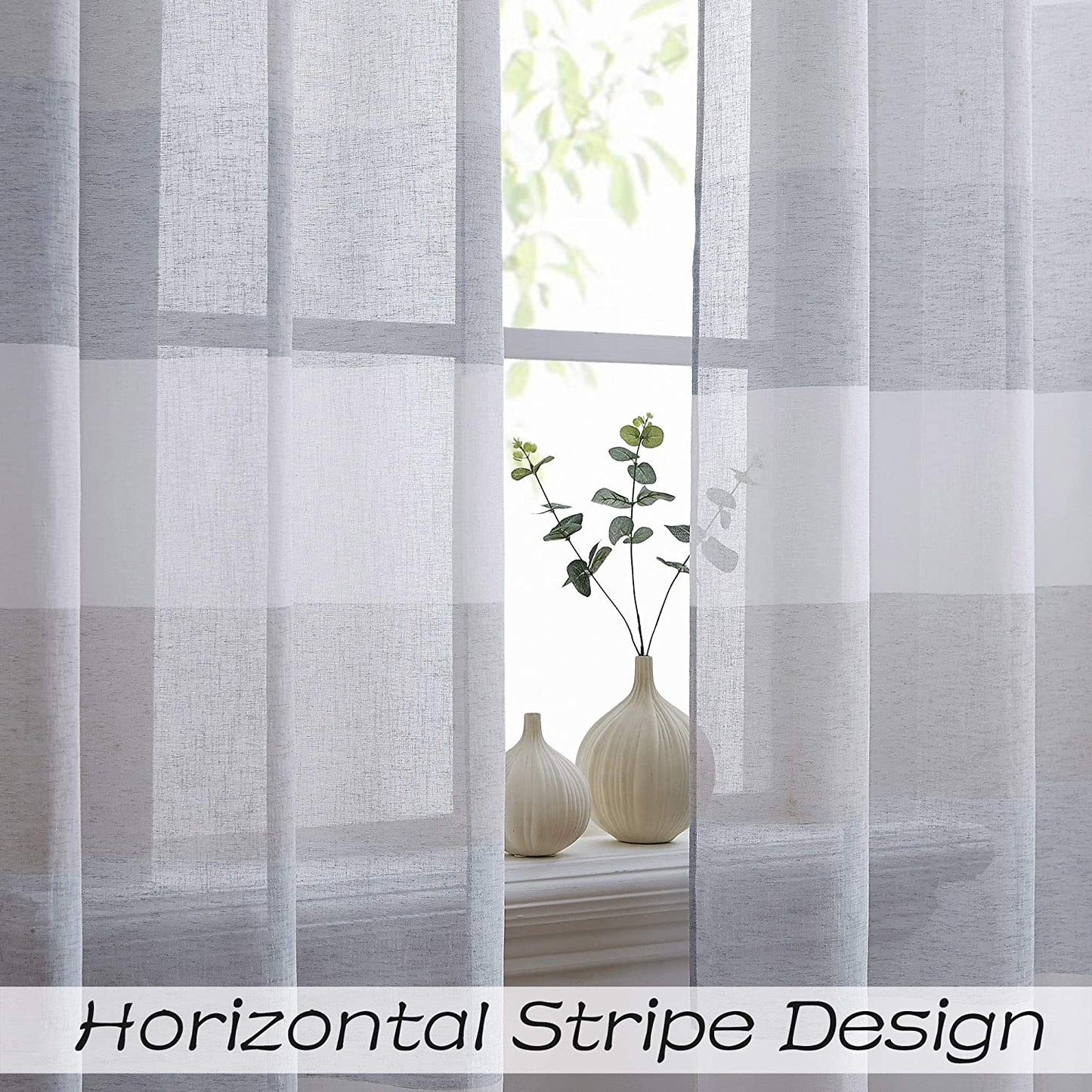 Gray Tan Stripe Sheer Color Block Window Curtain Panel Linen 95 inches Long with Grommets, 2 Panel Rustic Drapes
