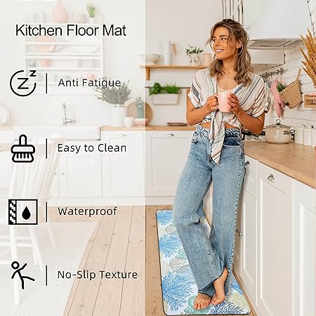 Set of 2 Anti Fatigue Memory Foam Cushioned Waterproof Non Slip Comfort Standing Mat for Sink Laundry, Blue, 17.3"x 28"+17.3"x 47"