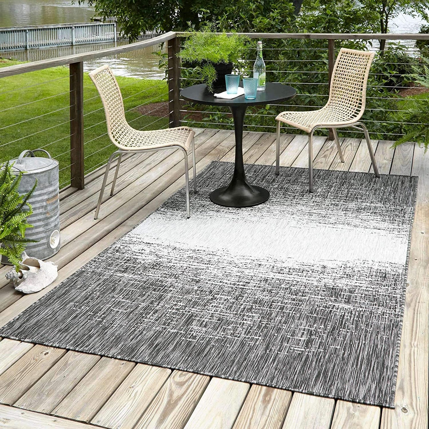 Outdoor Modern Collection Distressed Gradient Transitional Charcoal Gray Area Rug