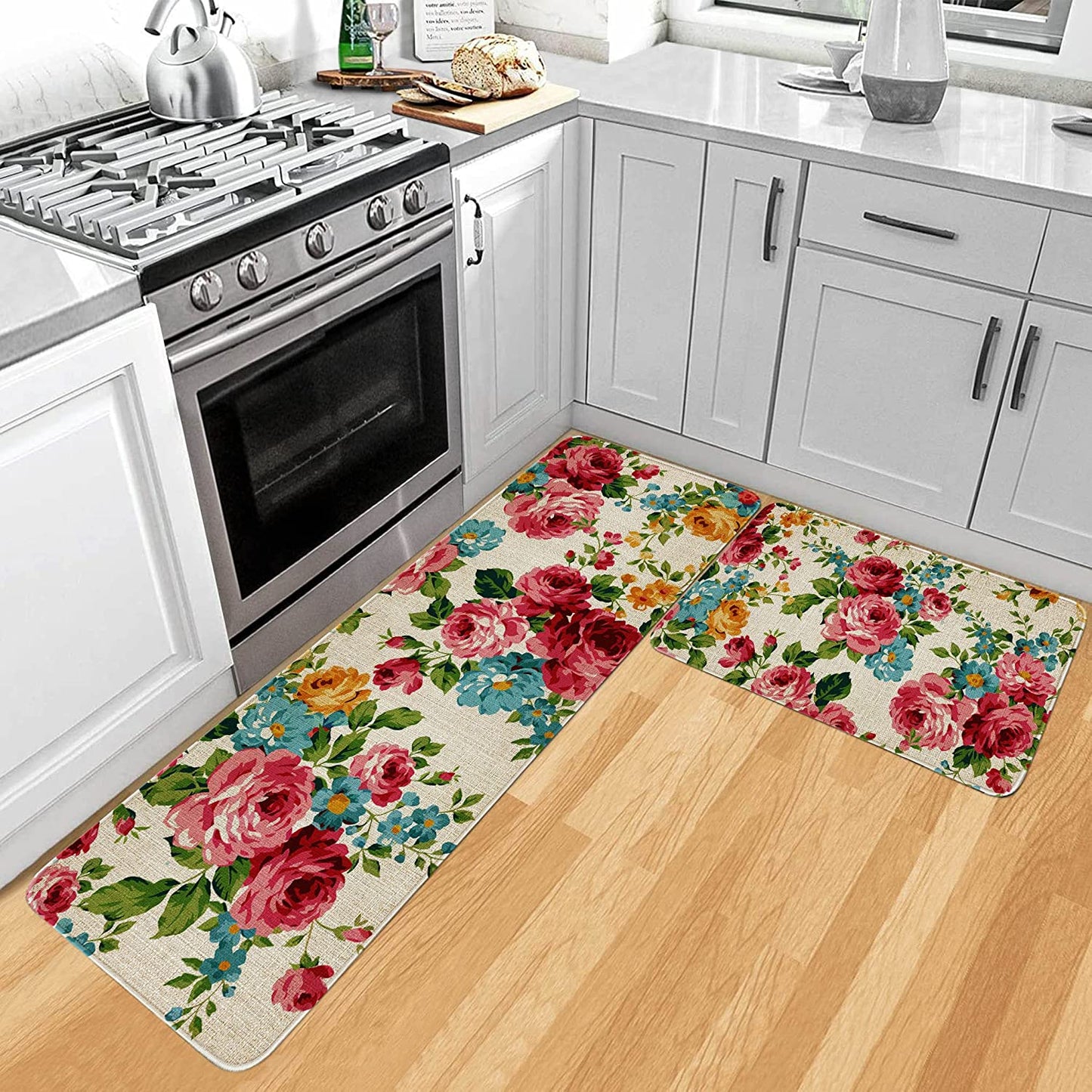 2 Pieces Natural Rubber Boho Kitchen Mats (17" Wx30 L+17" W x 47" L Palm Tree Leaves)