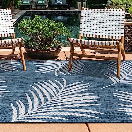 Contemporary Palm Leaves Textured Flat Weave Easy Cleaning Outdoor Rugs