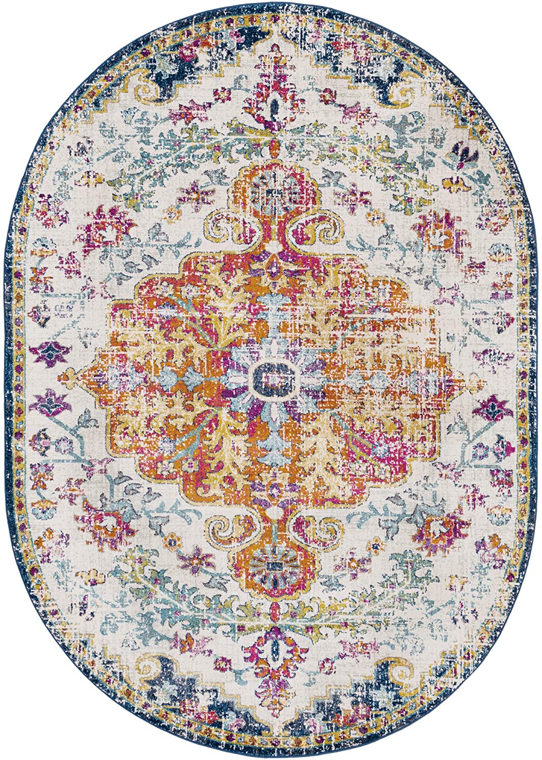 Traditional Medallion Orange/Navy Soft Area Rug