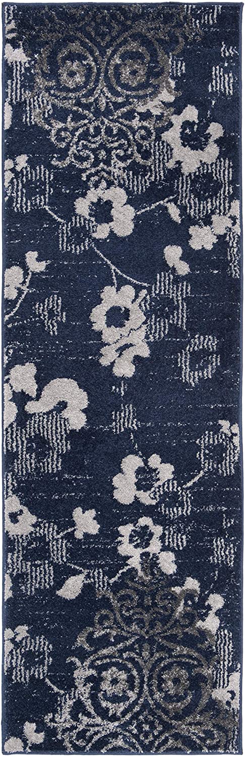 Navy Blue Silver Contemporary Chic Damask Soft Area Rug