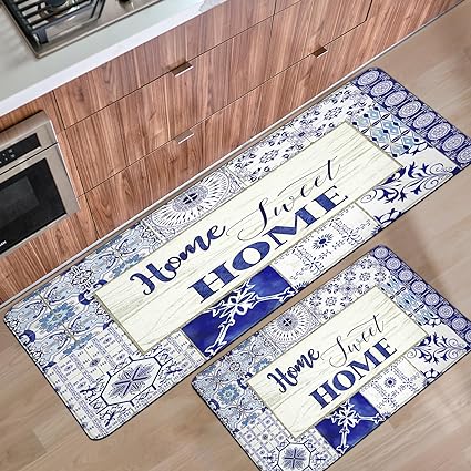 Set 2 Pieces,0.4 Inches Thick Non Slip Kitchen Rugs and Mats Teal Wood Cushioned Anti Fatigue Floor Mat Waterproof Comfort Standing Runner Sink Rug,17.3 x 28+17.3 x 47 Inch