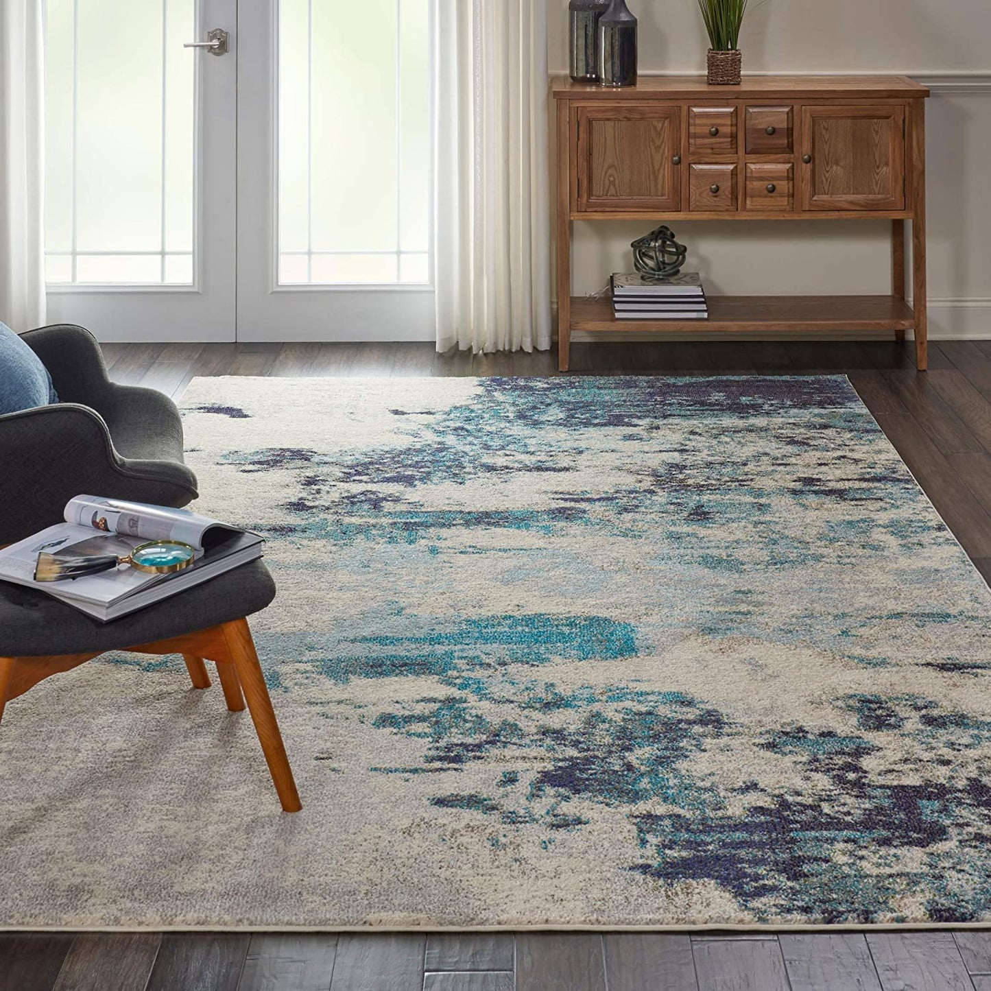 Modern Abstract Area Rug,  Ivory/Teal Blue