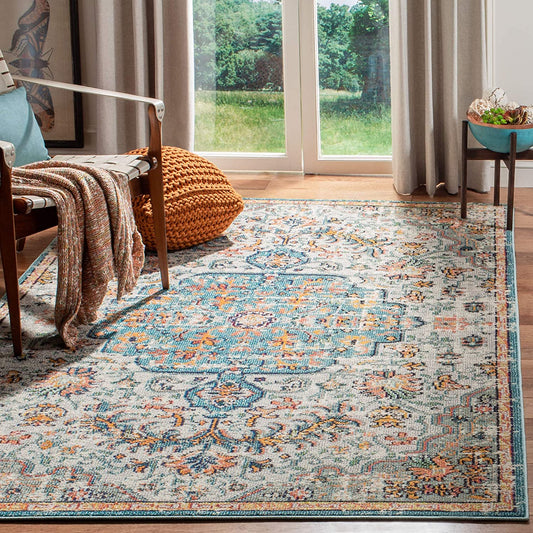 Boho Chic Vintage Medallion Distressed Area Rug, Grey/Light Blue