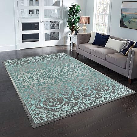 Pelham 2-Piece Non Slip Machine Washable Traditional Vintage Throw and Runner Floor Carpet, 17"x24" + 17"x48", Blue/Grey