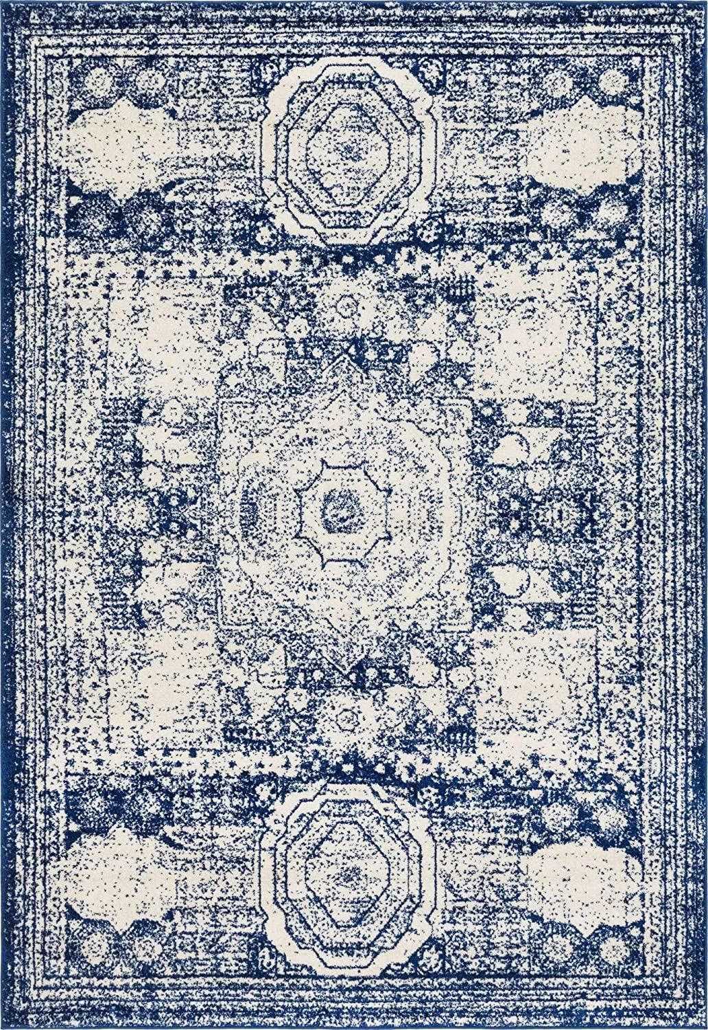 Vintage Traditional Medallion Border Blue Ivory Area Rug