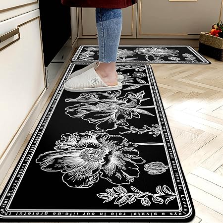 2 Pieces Anti-Fatigue Non-Slip Comfort Standing Kitchen Rugs 17.3x28+17.3x47 Black