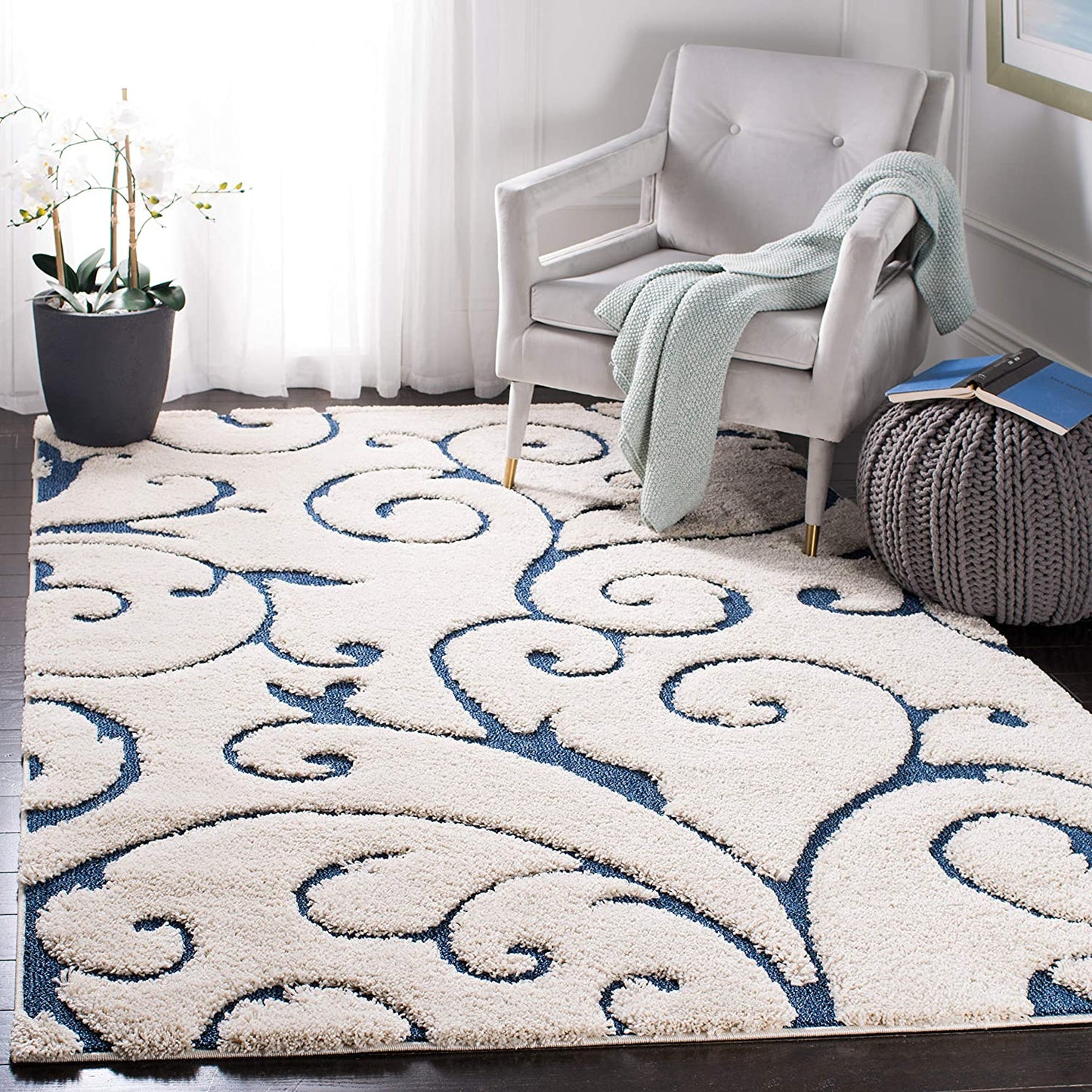 Premium Swirl Thick Plush Cream/Blue Area Shag Rug