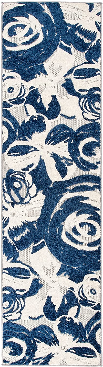 Ravenna Modern Large Floral Flowers Indoor/Outdoor Runner Rug Navy