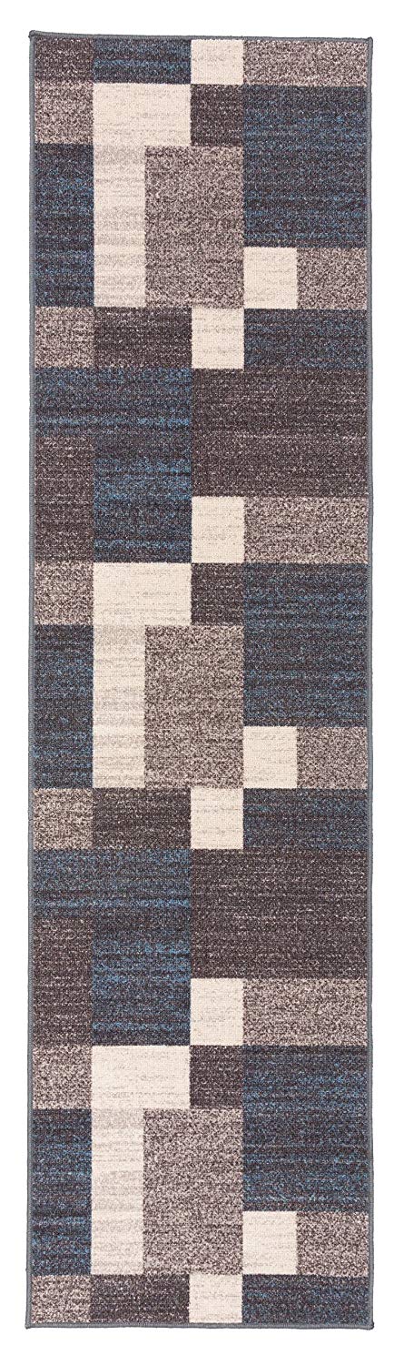 Box Pattern Blue Gray Area Rug Non-Slip Non Skid