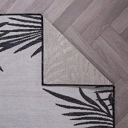 Tropical Floral Palm Leaves Textured Flat Weave Easy Cleaning Outdoor Rugs