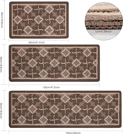 Sets 3 PCS Non Slip Absorbent Washable kitchen mats (Brown,19.7"x47.2"+19.7"x31.5"+19.7" x 59")