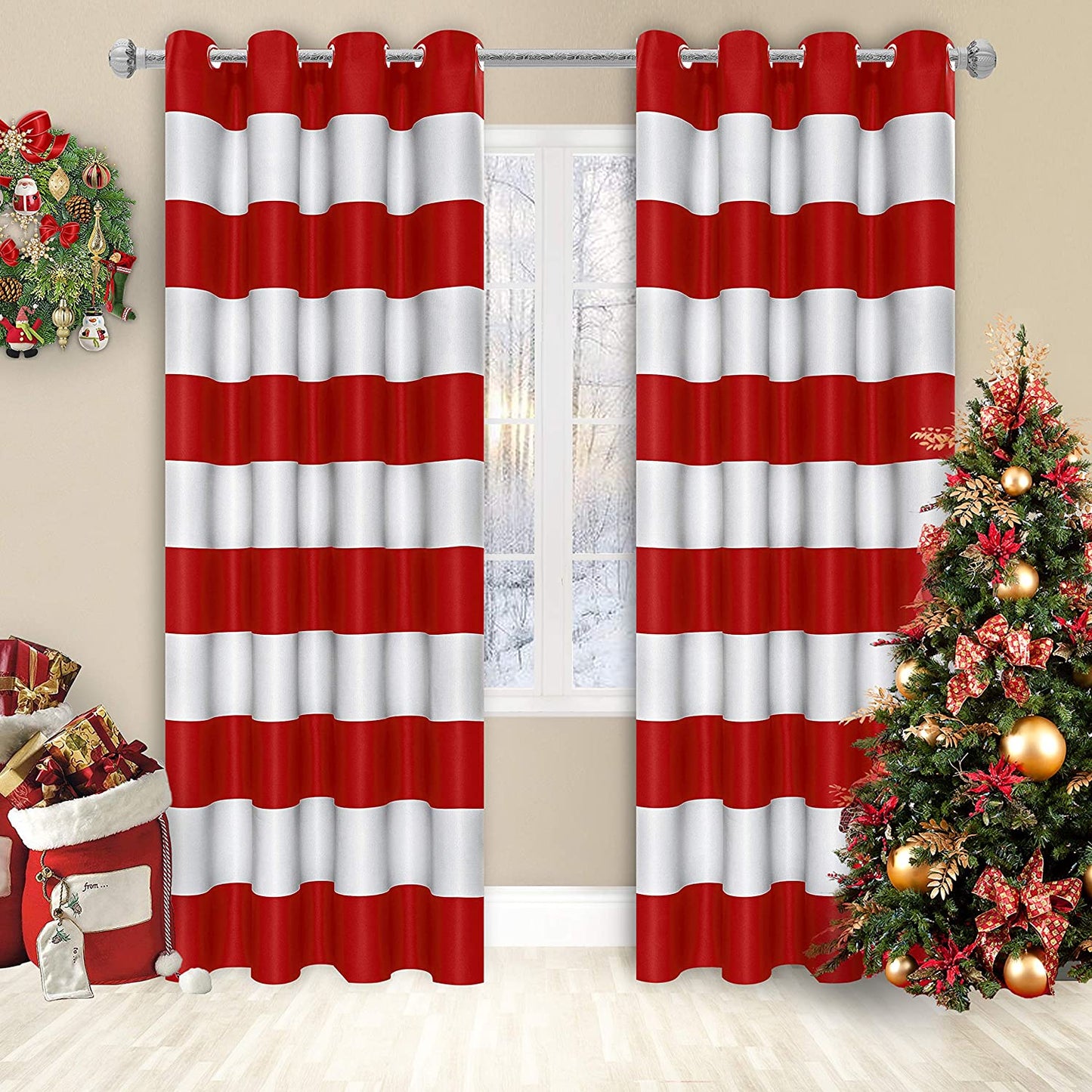 Stripe Window Curtains for Bedroom - Grommet Room Darkening Curtain, Thermal Insulated, Noise Reducing and Light Blocking Drapes 2 Panels