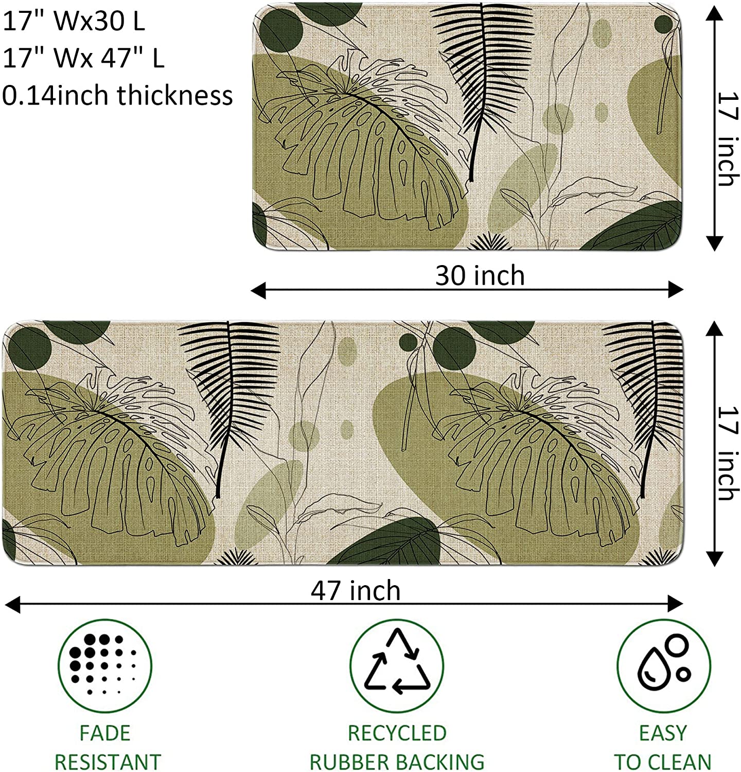 2 Pieces Natural Rubber Boho Kitchen Mats (17" Wx30 L+17" W x 47" L Palm Tree Leaves)