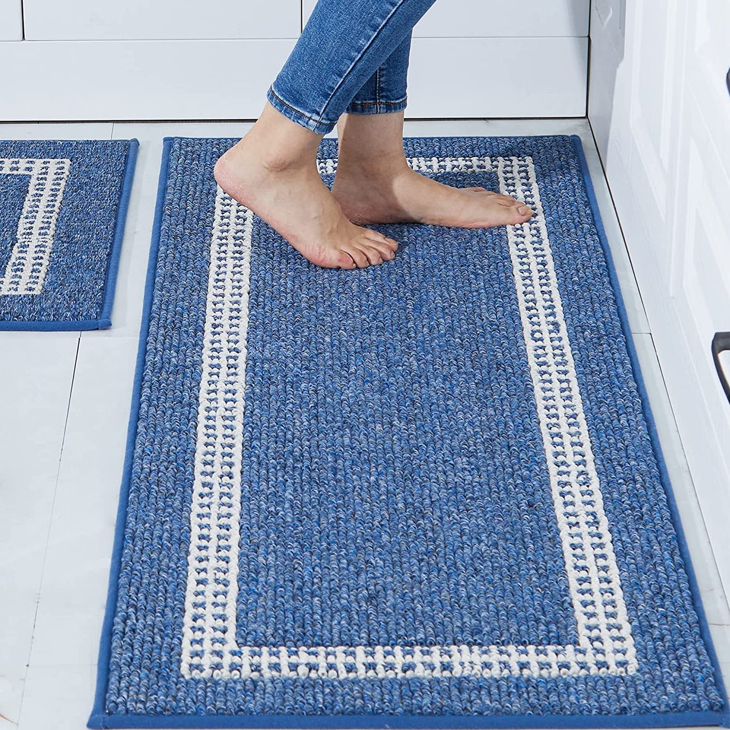 [2 PCS] Super Absorbent, Non-Skid, Washable, Polypropylene, Blue Kitchen Rugs and Mats 48x20 Inch/30X20 Inch