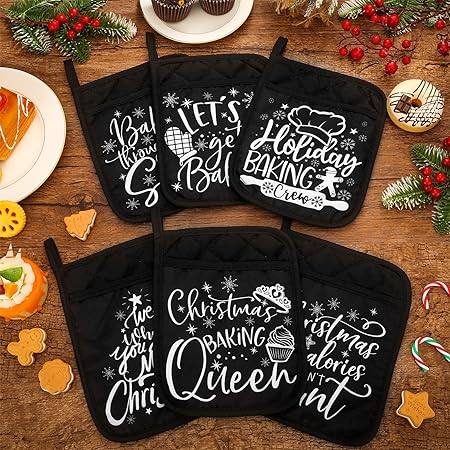 Machine Washable Heat Resistant Christmas Pot Holders with Pocket Xmas Funny Pot Mat, (Black,6 Pieces)