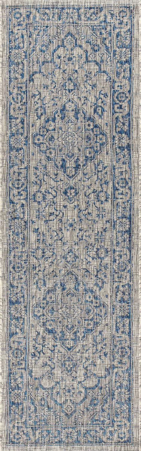 Rozetta Boho Medallion Textured Weave Indoor/Outdoor Gray/Navy Area Rug