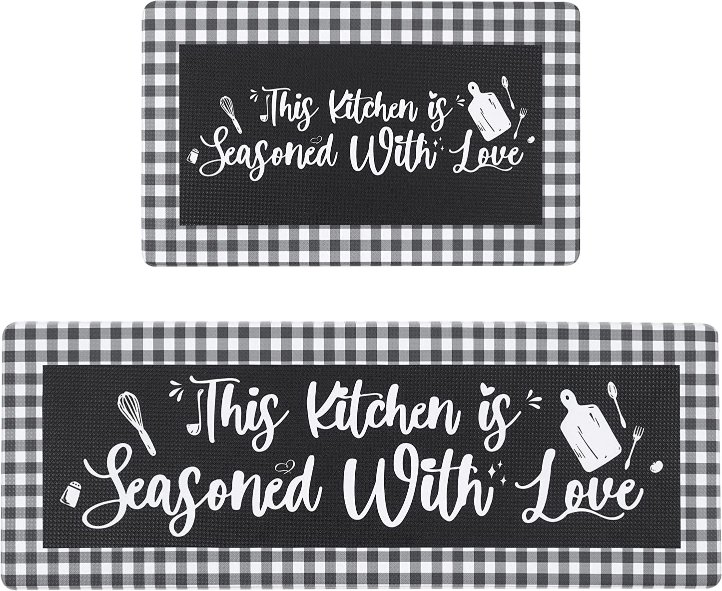 Anti Fatigue Waterproof Cushioned Black Set of 2, Non Skid Standing Mats with Kitchen Motto 17.3''x29''+17.3''x47''