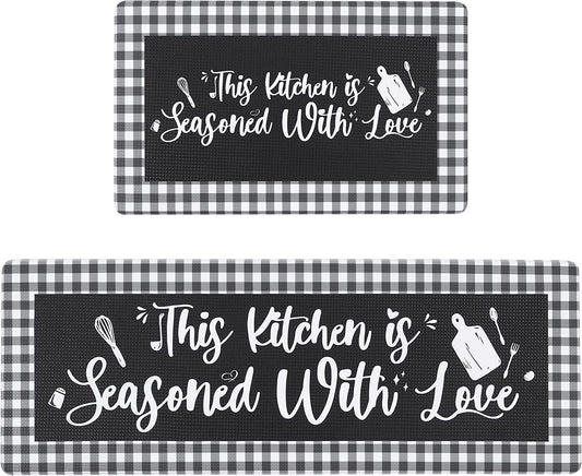 Anti Fatigue Waterproof Cushioned Black Set of 2, Non Skid Standing Mats with Kitchen Motto 17.3''x29''+17.3''x47''