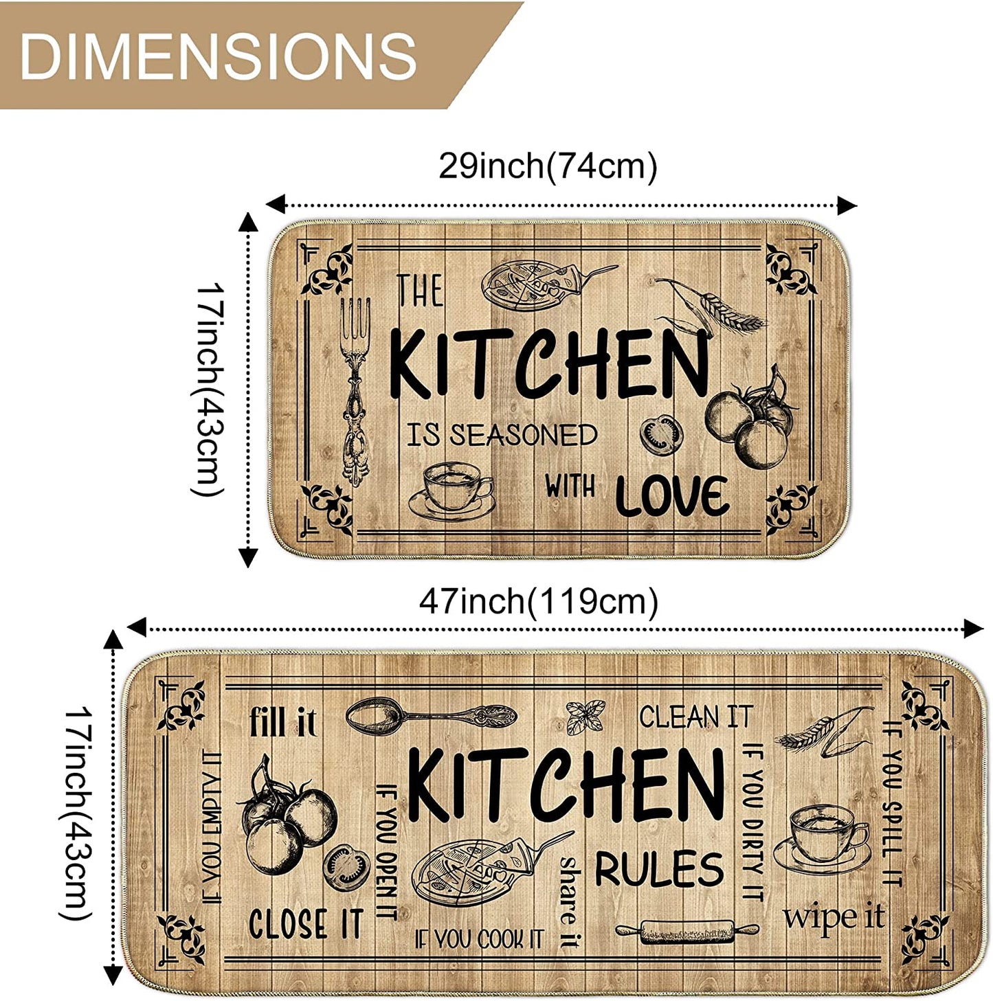 Lemon Kitchen Mat Set of 2, Non Skid Washable Runner Rug 17x29 and 17x47 Inch