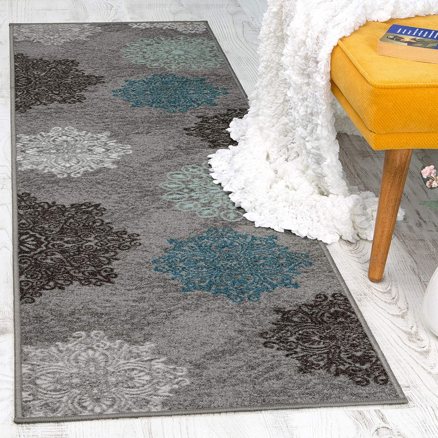 Modern Floral Non-Skid (Non-Slip) Low Profile Pile Rubber Backing Indoor Area Rugs Gray