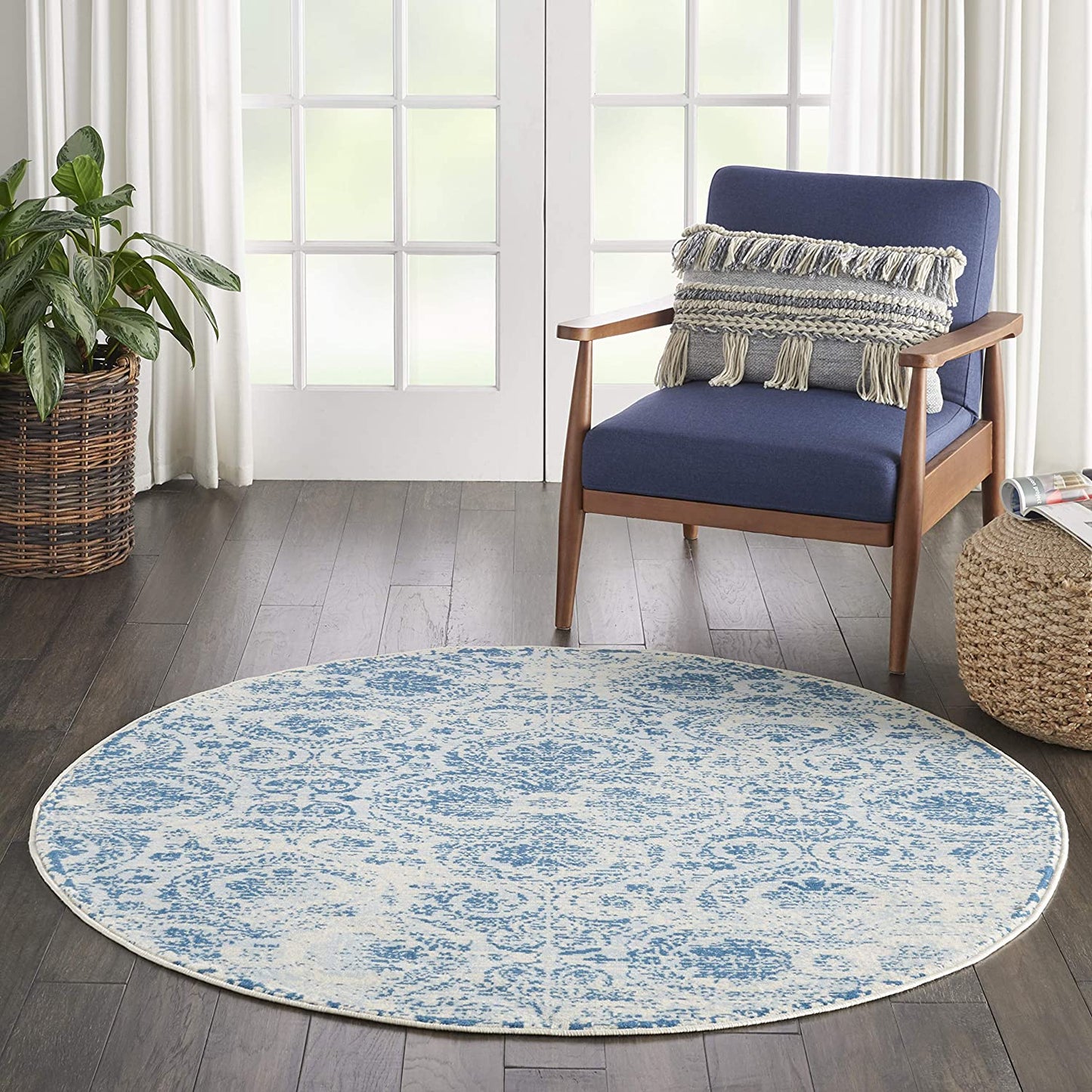 Jubilant Vintage Damask Blue Area Rug