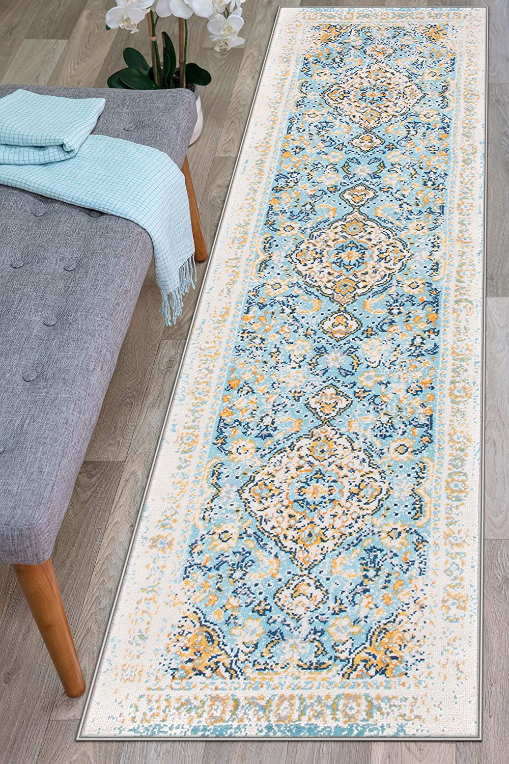 Vintage Medallion Floral Ivory Blue Soft Area Rug