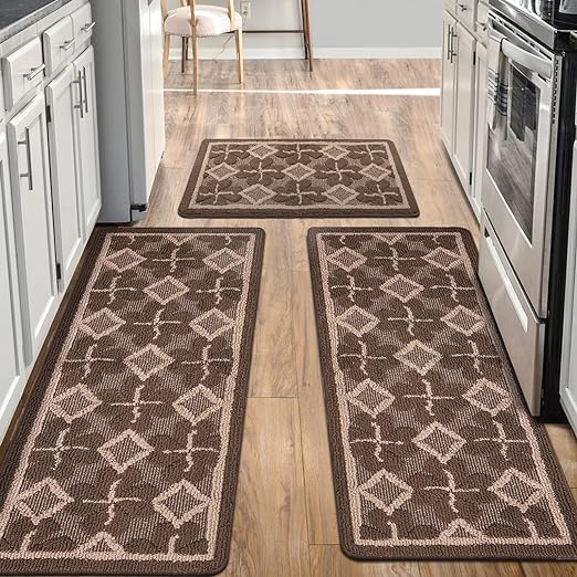 Sets 3 PCS Non Slip Absorbent Washable kitchen mats (Brown,19.7"x47.2"+19.7"x31.5"+19.7" x 59")