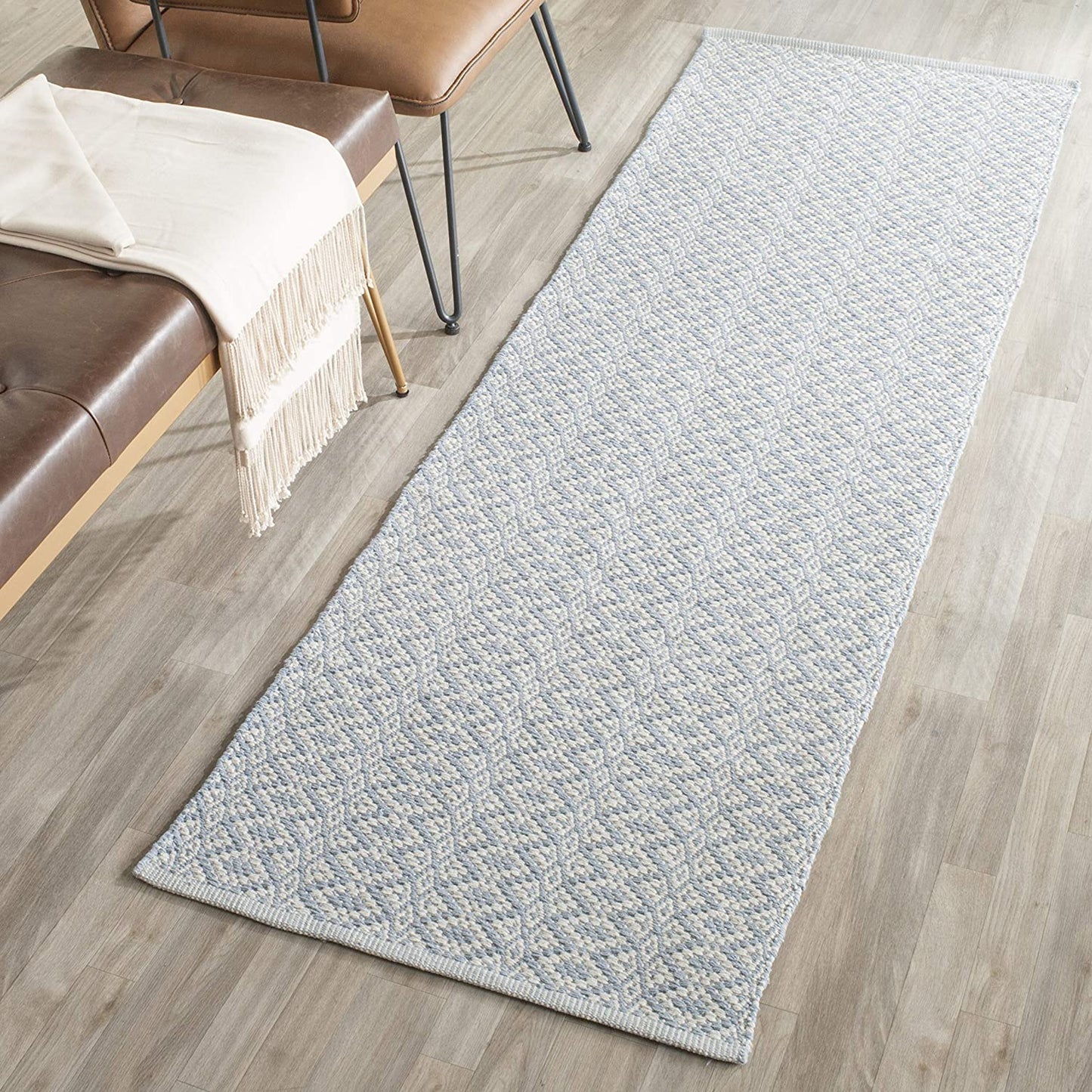 Handmade Cotton Rug, Ivory / Light Blue
